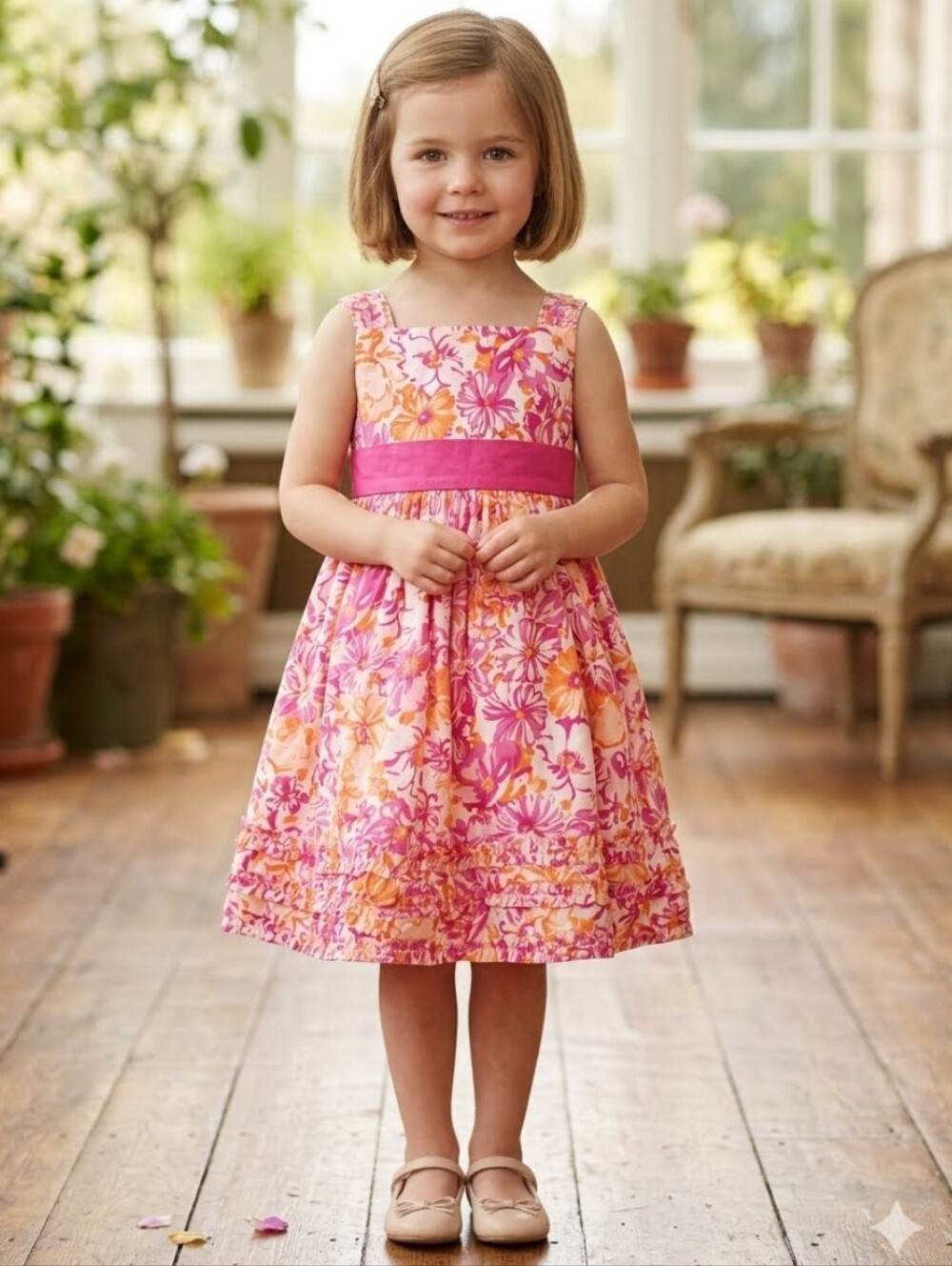 Maggy & zoe  Pink and Orange Floral Sash Dress for Girls 3 T